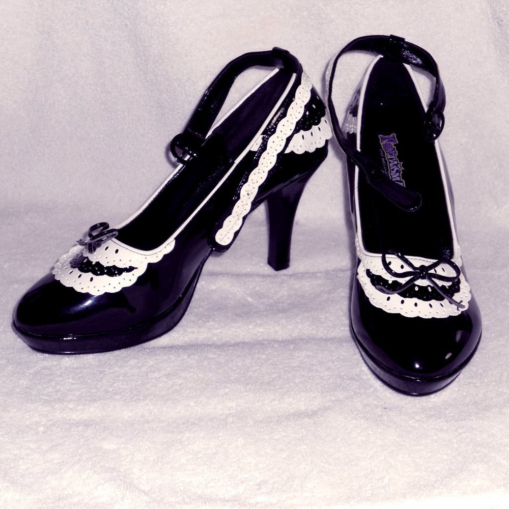 Black White Patent Trim Maid Heels